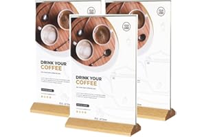 Aisamco 3 Stück A5 Acryl Schildhalter T Form Klare Acryl Doppelseitige Rahmen mit Holz Basis Tisch Menü Display Stand Flyer Schreibtisch Display