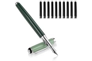 Cobee Metal Fountain Pens with 10 Black Ink Cartridges, 0.5mm Fine Nib Fountain Pen Smooth Writing Luxury Calligraphy Pen Office School Supplies (Green)