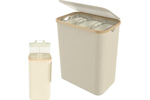 XINZI Cesto portabiancheria con coperchio, pieghevole, 3 scomparti, con sacchetto rimovibile, per lavanderia, camera da letto, 140 l (beige)