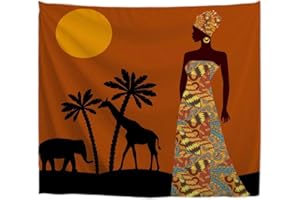 A.Monamour Arazzo da Parete Sfondo Tramonto Marrone Donne Africane Paesaggio Tropicale Giraffa Elefante Fauna Selvatica Silhouette Telo Tessuto Tenda Tovaglia Copriletto Copridivano Arazzi Murale