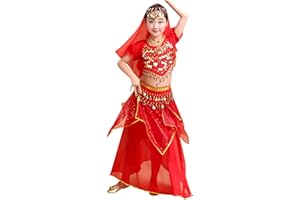 GÉNÉRIQUE Robe Danse Orientale Enfant Classique India Belly Danse Costume Costume de Danse Mignon pour Filles Belly Dance Indienne 5 PCS Ensembles de Spectacle Robe Costume Déguisement Fille pour 3-12 Ans