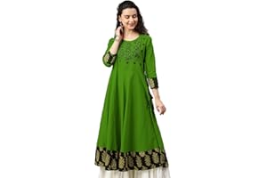 Yash Gallery Damen Baumwolle Slub Bestickte Anarkali Kurta (Grün)