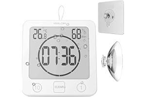 LINDAHOME Waterproof Bathroom Wall Clock Shower Timer, Digital Large Visual Countdown Alarm Clock with Temperature Humidity, Mirror Suction & Rope Hanging & Stand, Easy Table Timer for Bath Kitchen Spa (White)