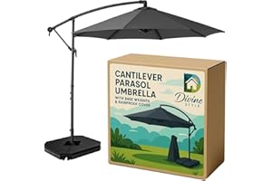 Divine Style 3M Cantilever Parasol with Base Weights Included and Free Waterproof Cover. The Perfect Garden Umbrella Parasol with Superb Stability, Versatility and Sun Shades for Garden