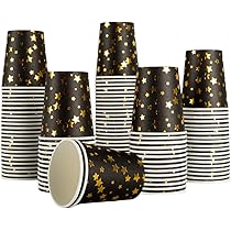 CEILIWEN Paquet De 100 Tasses En Papier Noir Et Or Star, 9 OZ/250ml, Tasses En Papier Pour Boissons Chaudes Et Froides