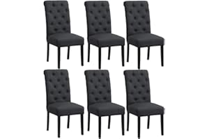 BonChoice Button Tufted Dining Chairs Set of 6 Linen Fabric for Dining Room Kitchen Living Room, High Back Upholstered with Black Wooden Legs for Home & Commercial Restaurants Dark Grey
