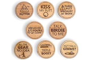 THE LASER FACTORY Lot de 8 marqueurs de balle de golf amusants en bois gravés | Accessoires de golf blague pour le putting vert | Cadeau pour homme | Parfait pour papa la fête des pères
