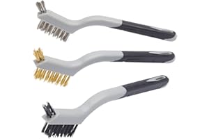 Fit For The Job Lot de 3 mini brosses métalliques multi-usages poignée souple - brosses nylon, laiton, acier pour retrait peinture, scories soudure, rouille sur grilles, carreaux, bois, métal, brique
