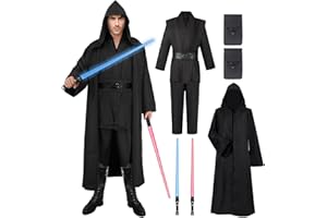 GEPLAIMIR Jedi Kostüm für Herren mit Blau Lightsaber, Obi Wan Kenobi Tunika Kapuzenmantel Outfit Umhang mit Kapuze Mittelalterlich Hoodies Jedi Robe Cosplay Set für Männer Halloween Karneval