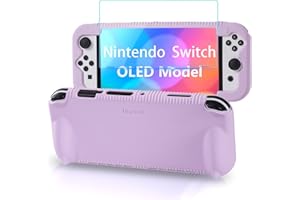 Teyomi Silicone Custodia compatibile con Nintendo Switch OLED modello 2021, Cover Nintendo Switch Oled con protettiva con accessori in vetro temperato, 2 scomparti per carte da gioco (viola)