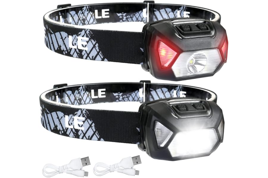 Lepro Head Torch Rechargeable, 2 Pack 2000L Waterproof LED Headlamp with Red Warning Lights, 30Hrs Runtime, 6 Lighting Modes, for Running Fishing Camping, Super Lightweight Headlight for Kids & Adults