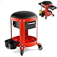 TANGZON Rolling Workshop Creeper Seat, Rolling Mechanic Creeper Stool with 4 Universal Wheels, Double Drawers & Can Holders, Padded Repair Shop Garage Roller Toolbox Stool Work Seat, 150KG Capacity