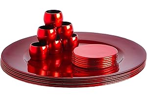 Argon Tableware Metallic Charger Plates, Coasters & Napkin Rings Set - Red - 18pc - 33cm - Reusable Dining Table Setting Plates Drink Placemats Napkin Holders for Christmas, Party Celebrations