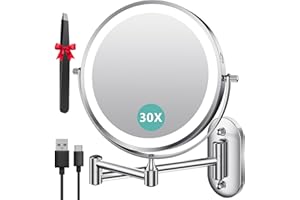 Auxmir 8 Pouces Miroir Grossissant Lumineux Mural x30, Miroir Grossissant Mural avec 3 Modes de Couleur, 1X/30X Grossissement Charge USB, Écran Tactile, 360° Pivotant et Extensible pour Salles de Bain