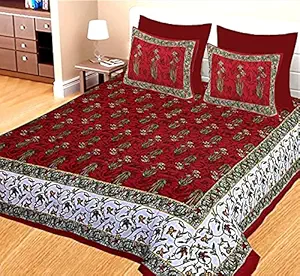 UNIBLISS Cotton Floral Rajasthani Jaipuri Traditional Bedsheet with 2 Pillow Covers (Red, Double ) 036