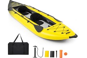 GYMAX Inflatable Kayak Set, 2-Person Inflatable Boat with Aluminum Oars, EVA Padded Seat, Fins, Hand Pump, Repair Kit and Carry Bag, Blow Up Canoe for Lakes, Rivers & Sea Shores (Yellow)