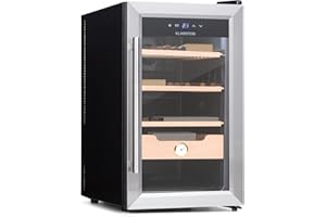 Klarstein El Presidente Zigarren Humidor - thermoelektrischer Humidor Schrank mit Glastür, Humidor Befeuchter mit Einschüben aus Zedernholz, Hygrometer, LED-Innenbeleuchtung, 48 Liter, silber