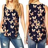 Rcool Camisas Sin Mangas de la Camiseta de la Gasa de la Impresión de la Mariposa de las Mujeres Chaleco (L, Mariposa)
