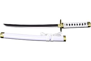 AMONT Katana S5053 Shusui Wado Ichimonji by Zoro from One Piece - Unofficial 45 cm Long Replica with Black Steel Blade and Satin Cut, White Wrap Handle and Stand