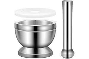 ATLIBERSWO Mortaio con Pestello - Acciaio Inox 304 Mortaio Diametro 10cm con Coperchio in PE - Antiruggine e Durevole - Mortaio per Pesto per Macinare Spezie, Erbe, Aglio e Noci