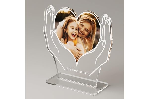 Bemaystar Cadre Photo Coeur Cadeau Personnalisé - Fête des Mères, pour Grand Mères, Idee Cadeau Femme Originale, Cadre Photo Verre Acrylique 15 x 20 cm