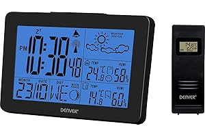 DENVER Estación Meteorológica Inalámbrica WS-530BLACK. Termómetro higrómetro digital para medición interior/exterior de temperatura y humedad. Previsión meteorológica. Función reloj y alarma