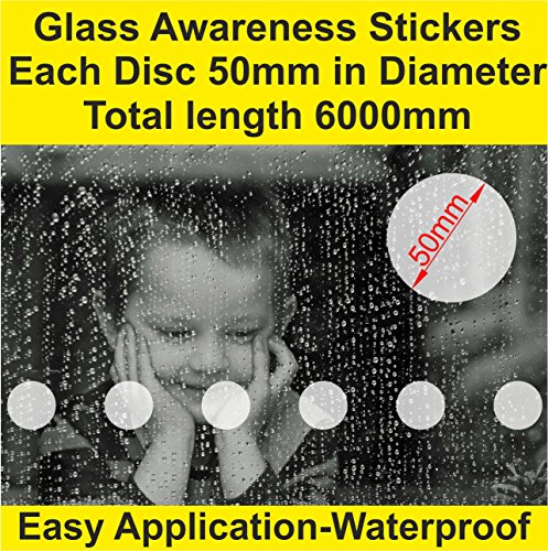 Professional Pack of 60 Discs 50mm in Diameter ETCH EFFECT Safety Stickers for Windows Doors (6000mm / Total Length) PRE-Spaced