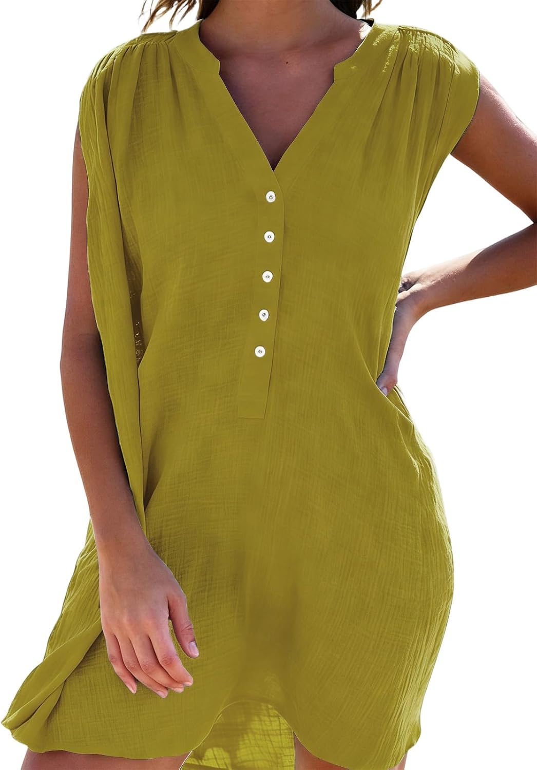 JFAN Camisolas Playa Mujer Verano Vestido de Playa Cuello V Camisa Sin Mangas Suelta de Bikini Cover Up Beachwear