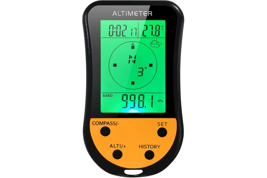 Digital Altimeter,Electronic Digital Altimeter 8 in 1 Multifunction LCD Backlight Mini Altimeter Barometer Compass Thermometer Weather Forecast Clock Calendar for Outdoor Climbing Hiking Fishing