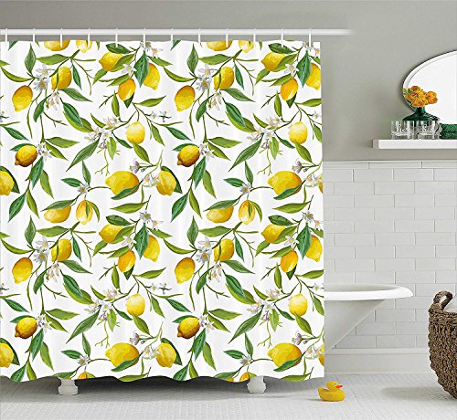 BUZRL Nature Shower Curtain, Flowering Lemon Woody Plant Romance Habitat Citrus Fresh Background, Fabric Bathroom Decor Set with Hooks, 60 * 72inch Extra Long, Fern Green Yellow White