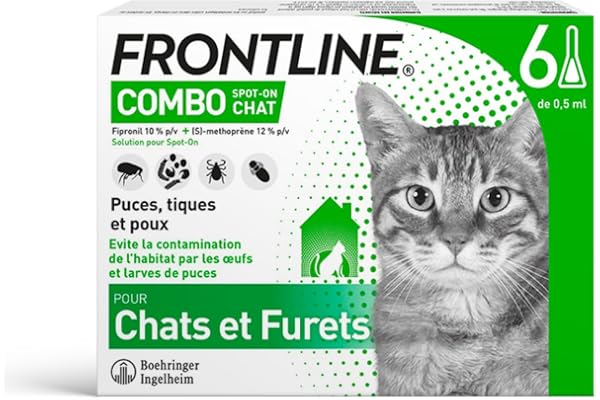 FRONTLINE Combo Chat - Anti Puces, Tiques & Poux - Contre Larves & Oeufs - Elimine & Tue - Protège L'Animal & L'Habitat - Jusqu'à 4 Semaines - Fabriqué En France - 6 Pipettes Application Spot On