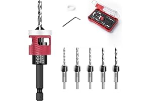 MTCHAVNO Set di 5 Punta da Trapano con Svasatore per Legno, Punte Regolabile per Svasatura acon Attacco di Profondità, con Attacco Esagonale da 1/4", HSS-M2, Fori di Precisione, per Lavorazione del Legno