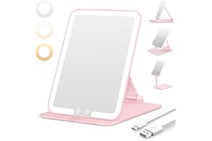 ‎AUXMIR Auxmir Lusterko kosmetyczne z oświetleniem, ładowalne lusterko do makijażu, składane lusterko podróżne z 3 kolorami światła, różowe