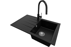 PRIMAGRAN Granitspüle Schwarz 78x50cm, Spülbecken 1 Becken + Küchenarmatur 40x20cm + Ablauf-Set, Küchenspüle ab 45er Unterschrank - Mailand S013