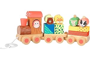 Woodland Animals Wooden Train Pull Along Toy - Push and Pull Stacking Toys for 1 Year Olds and Toddler - Wooden Stacking Blocks with Puzzle Shapes, Early Development Activity Toys by Orange Tree Toys