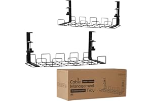 BASKISS Under Desk Cable Management Tray 2 Packs, 40 cm Under Desk Cord Organizer with Clamp, No Need to Drill Under Table, Metal Wire Holder for Desks, Offices, and Kitchens (Set of 2, Black)