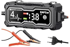 EAFCar Autobatterie Ladegerät, 4A 12V Smart vollautomatische KFZ Batterieladegerät mit LCD-Bildschirm, geeignet für Auto LKW Motorrad Rasenmäher Boot Marine Batterien