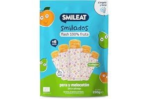 Smileat - Smilados de Frutas Ecológicas - Flash de Pera y Melocotón - Sin Azúcar Añadido, Sin Gluten - Flash para Congelar - Para Peques 6+ Meses - 5x50g (250gr)