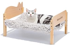 MEWOOFUN Raised Cat Bed Hammock, Wooden Stackable Cat Beds for Indoor Cats - Cat Furniture with Removable Soft Plush Cover, Elevated Cat Sleeping Bed Sofa for Kittens/Puppy/Rabbit, Grey 55x41cm