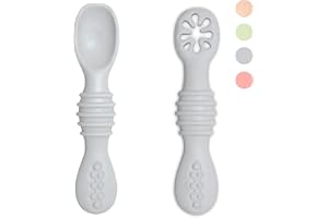 VegMai® PreSpoon Babies. BLW Learning Spoon, Phase 1 + Phase 2. Recommended by Nutritionists and Experts for Baby-led Weaning. Antibacterial and Ergonomic Silicone Silverware (GREY)