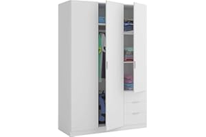 Habitdesign Armario Ropero 3 Puertas y 3 Cajones, 121x180x52 (AnchoxAltoxFondo - en Cm), Color Blanco Artik