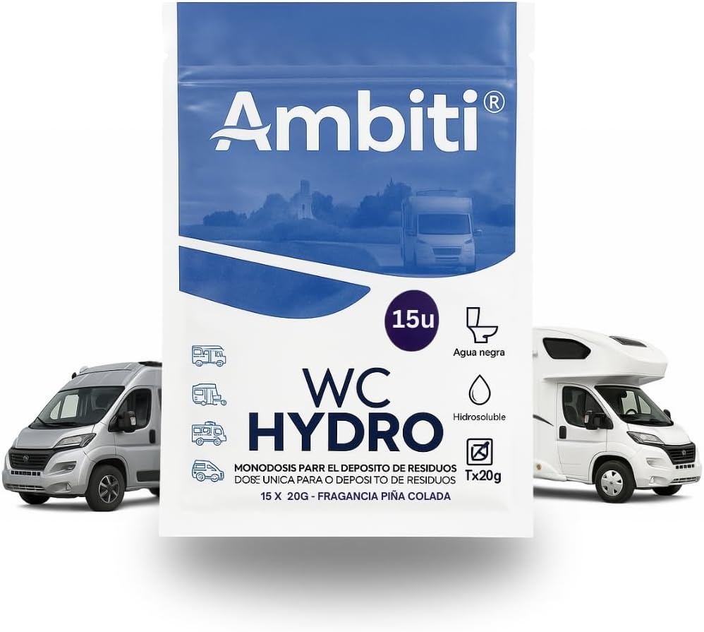 Ambiti | Monodosis Hidrosolubles para Depósito de Residuos de Autocaravanas,Caravanas y Campers| Antibacteriano| Elimina Deshechos Orgánicos y Papel Higiénico| Fragancia Piña Colada (15 Monodosis)