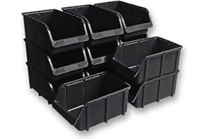Hünersdorff Set di 12 scatole portaoggetti impilabili, dimensioni 4, polipropilene infrangibile (PP), riciclato, ideali per sistemi di organizzazione e di smistamento, scaffali per officina - nero