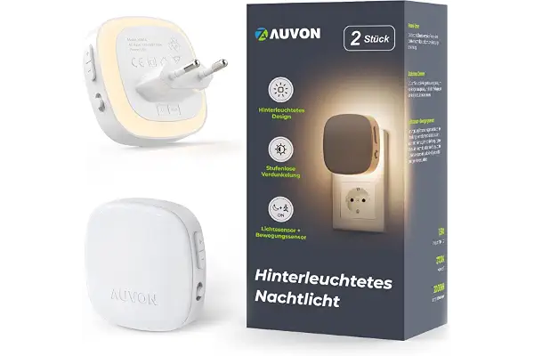AUVON Luz Nocturna Infantil, Con Sensor de Movimiento/Crepuscular, Interior | Luz Nocturna Enchufe, Luz LED de Ajustable de 1-50LM Escalera, Pasillo, Dormitorio, Baño, Cocina, Paquete de 2, Blanco 2200K