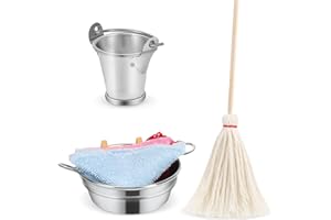Dreafly 1/12 Puppenhaus Zubehör Mini Reinigungswerkzeuge,Miniatur Mopp Eimer Set Badezimmer Washtub mit Waschbrett Handtuch Set Für Küche Garten Zubehör Wichtel ZubehöR
