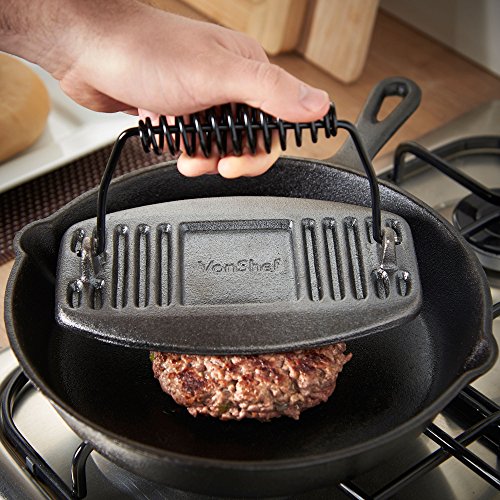 VonShef schwarze, bereits eingebrannte, flache und gusseiserne Fleischpresse 8” X 5” - 2