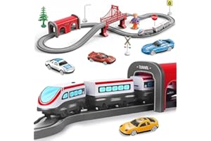BASAMOU Tren Electrico Juguete Niños 3 4 5 6 7 8 Años con Luces, Rojo Tren Juguete con Animales, Vallas, Señales de Tráfico, Flexibles Pista Coches Niños Regalos Cumpleaños/Navidad (67PCS)
