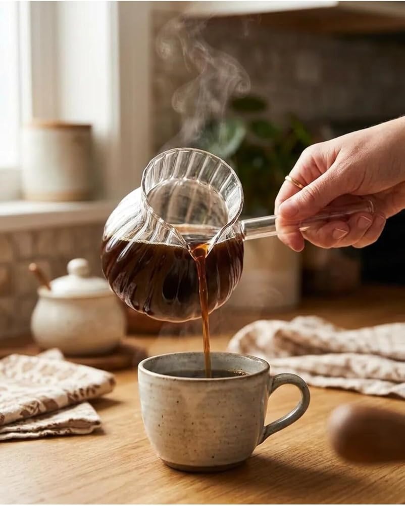 Borasilikat Cam Lüx Cezve 400ML Oluklu Ateşe Dayanıklı şeffaf