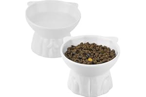 MEETOZ Ceramic Elevated Cat Bowls, 2 Extra Wide Raised Cat Bowl for Food and Water, Shallow cat Food Dish Whisker Friendly, Anti Vomit Cat Bowls Microwave and Dishwasher Safe, Great Height (White)