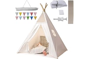 Jodimitty Teepee Tent for Kids Cotton Canvas Play Tents Indoor Outdoor, Gift for Girls Boys, Foldable & Portable Wigwam Tipi Play House, Breathable Window Design with Storage Bag, 120x120x160cm